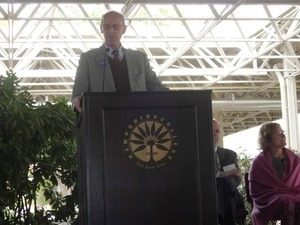 Congressman John W. Olver speaking at the ribbon cutting ceremony for the Hampshire College solar canopy
