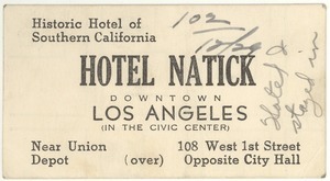 Business card from Hotel Natick, 'Historic Hotel of Southern California'