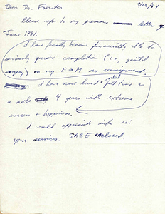 Correspondence from Lou Sullivan to David Foerster (September 29, 1984)