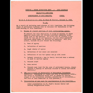 Agenda for relocation committee meeting held October 2, 1962