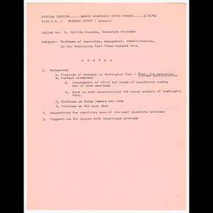 Agenda for special meeting of large apartment house owners on March 16, 1964
