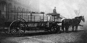 Horse drawn ladder truck, Wakefield rattan factory, 1900
