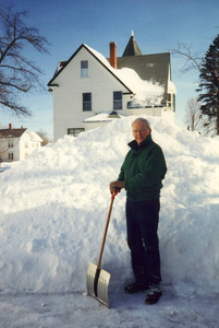 Robert Dearth shoveling snow, winter of 1995-96