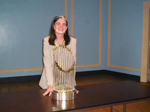 Karen O'Connell with Red Sox 2004 World Series trophy