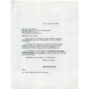 Letter, Reverend Nicolas Cruz, August 29, 1975.