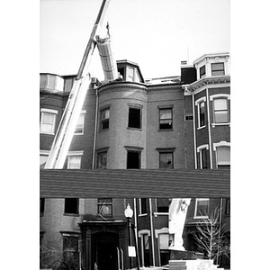 Building supplies being delivered through the window of 326 Shawmut Avenue.