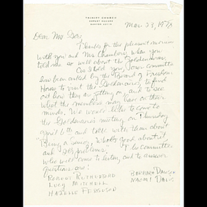 Letter from Bob Rutherford to Ruth Gore about committee visiting Roxbury Goldenaires