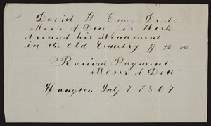 Receipt for Moss & Dow, Hampton, dated July 1, 1867