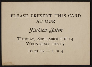 Trade card for the Fashion Salon, location unkown, undated