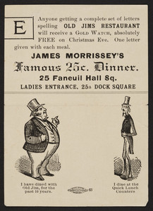 Trade card for Old Jims Restaurant, 25 Faneuil Hall Square, 25a Dock Square, Boston, Mass., undated