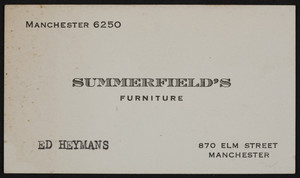Trade card for Summerfield's furniture, 870 Elm Street, Manchester, New Hampshire, undated