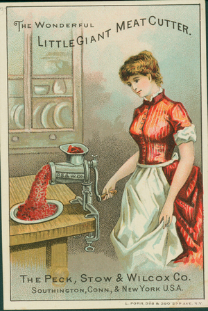 Trade card for the Little Giant Meat Cutter, The Peck, Stow, & Wilcox Co., Southington, Connecticut and New York, New York, undated