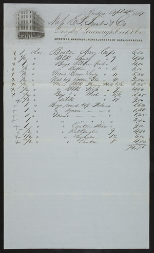 Billhead for Greenough, Cook & Co., importers, manufacturers & jobbers of hats, caps & furs, 50 Congress Street, Boston, Mass., dated April 28, 1854