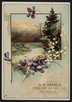 Trade card for the Central Boot and Shoe Store, G.H. Searle, West Gardner, Mass., undated