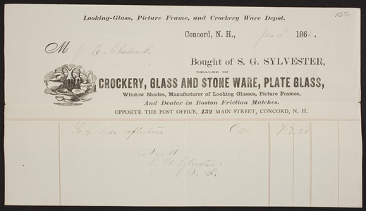 Billhead for S.G. Sylvester, crockery, glass and stone ware, plate glass, 132 Main Street, Concord, New Hampshire, dated January 11, 1866