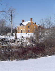 Exterior in snow looking through bushes, Cogswell's Grant, Essex, Mass.