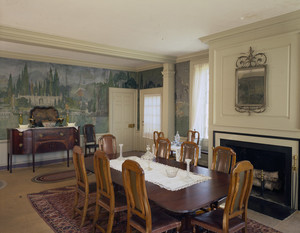 Dining room showing fireplace and table, Hamilton House, South Berwick, Maine