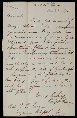 Benjamin D. Green to Thomas Lincoln Casey, January 28, 1873