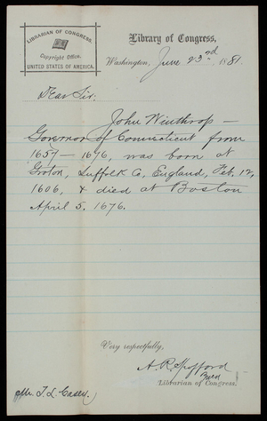 [Ainsworth Rand] Spofford to Thomas Lincoln Casey, June 23, 1881