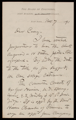 Henry L. Abbot to Thomas Lincoln Casey, November 7, 1891