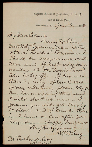 [William] R. King to Thomas Lincoln Casey, January 2, 1888
