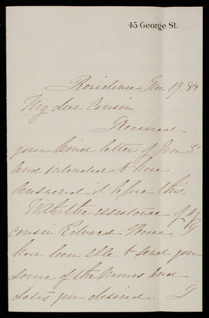 Adeline Pearce to Thomas Lincoln Casey, January 19, 1884