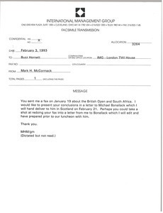 Fax from Mark H. McCormack to Buzz Hornett