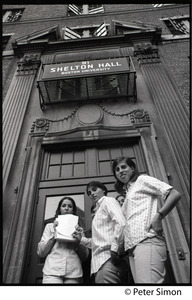 Student strike leaders in front of Shelton Hall, Boston University