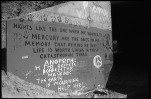 Graffiti ('Nights like the one when we walked to Mercury...') on concrete underpass at Nevada Test Site peace encampment