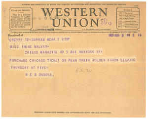 Telegram from W. E. B. Du Bois to Irene C. Malvan