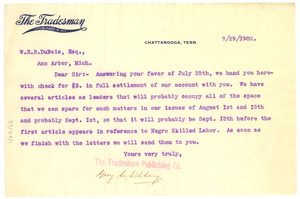 Letter from The Tradesman to W. E. B. Du Bois
