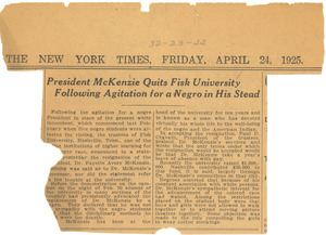 President McKenzie quits Fisk University following agitation for a Negro in his stead