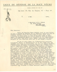 Letter from Ligue de défense de la race négre to W. E. B. Du Bois ...