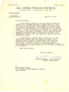 Letter from All India Peace Council to Kwame Nkrumah
