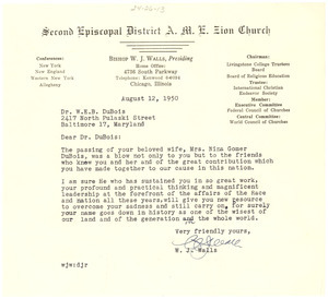 Letter from W. J. Walls to W. E. B. Du Bois