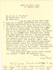 Letter from Jessie Fauset to W. E. B. Du Bois