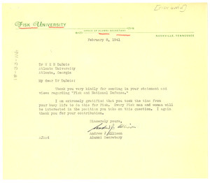 Letter from Andrew J. Allison to W. E. B. Du Bois