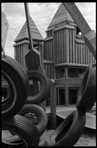 Playground equipment: tires and wooden platform