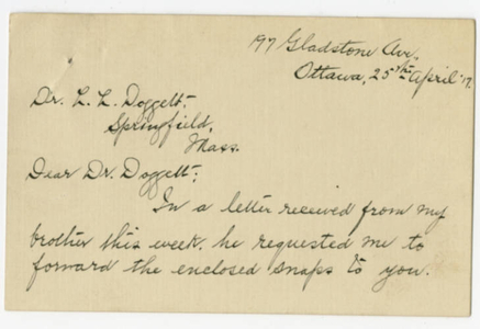 Postcard from Alice Palmer to Laurence L. Doggett (April 25, 1917)