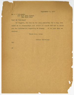 Letter from the Springfield College Office Secretary to C. W. Whitehair (September 5, 1917)