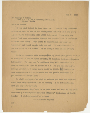 Letter from Laurence L. Doggett to Montagu Frank Modder (May 3, 1918)