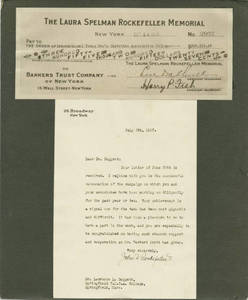 Laura Spelman Rockefeller Memorial Check and Letter, 1925