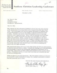 Martin Luther King Nobel Peace Prize Letter (November 4, 1964)