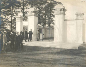 Herbert L. Pratt getting ready to unlock the gate at the opening ceremony of Pratt Field (1910)