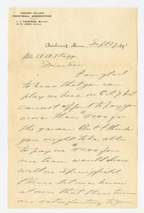 Letter to Amos Alonzo Stagg from Amherst College September 27, 1891