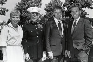 Catherine (Kathy) Flynn, unidentified military officer, Senator Robert Kerrey and Mayor Raymond L. Flynn