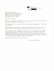 Correspondence from Lou Sullivan to Eli Coleman (January 16, 1988)