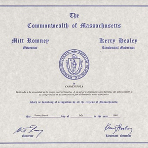Certificate from the Commonwealth of Massachusetts recognizing the work of Carmen A. Pola