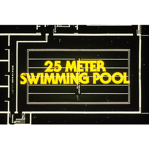 Advertisement featuring floor plan of 25 meter swimming pool