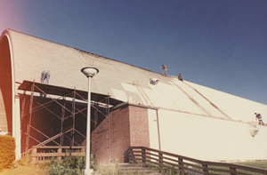 Roof of Linkletter Natatorium at Springfield College being painted